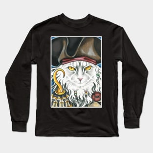 Pirate Cat with Hook - White Outlined Version Long Sleeve T-Shirt